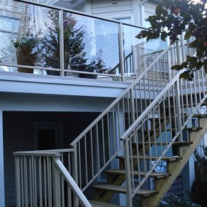 Glass Aluminum Railing With Wooden Stairs And Aluminum Gate | Mountain View Sun Decks