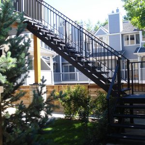 Black Metal Stairs With Black Picket Railing | Mountain View Sun Decks